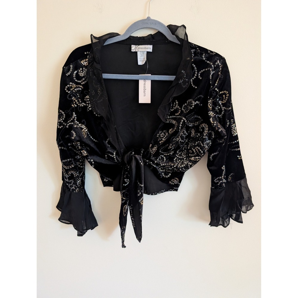 Vintage Black Velvet Metallic Paisley Tie Front Crop Top Sheer medium gothic
